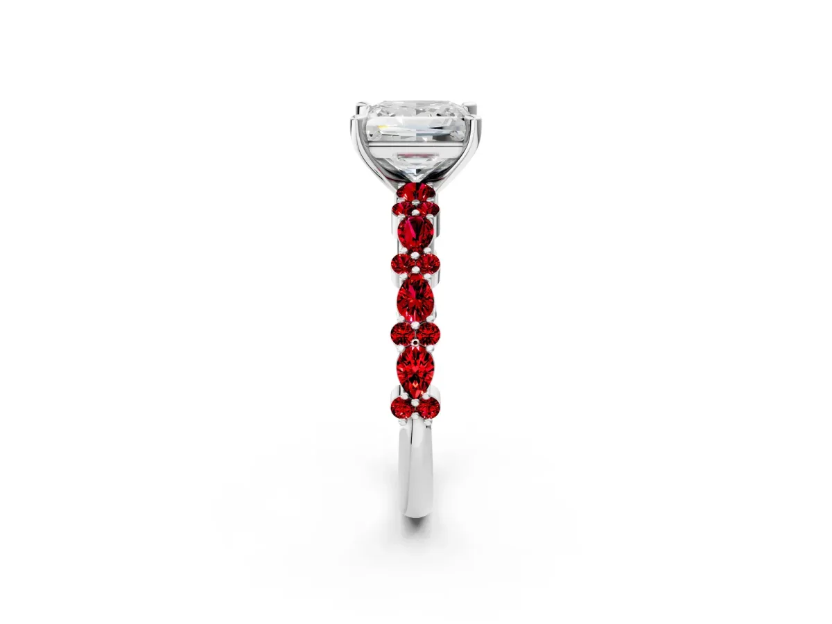 Princess Cut Diamond Side Stone Solitaire Ring with Round Ruby and Four-Prong Setting Platinum