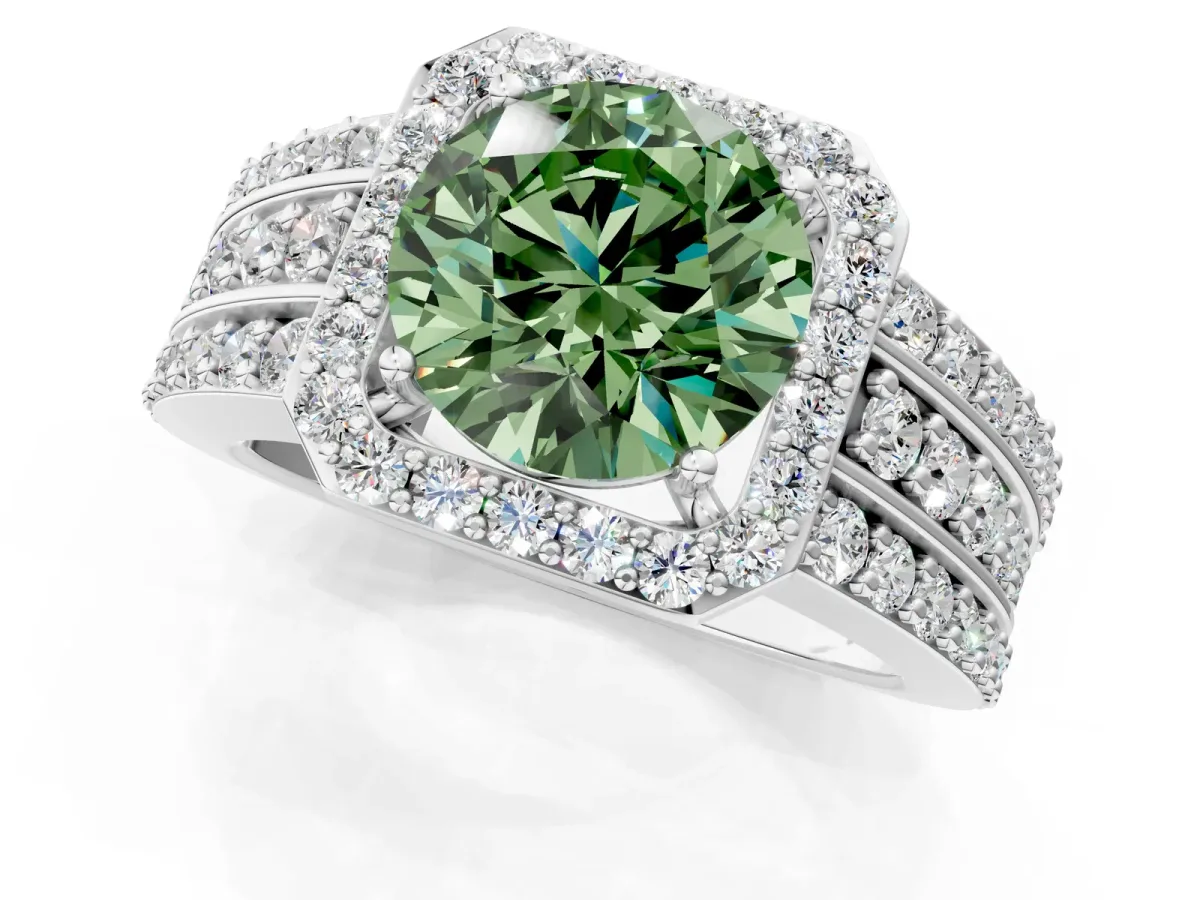 Fancy Green Round Cut Halo Diamond Ring with Round Split Shank and Prong Setting Platinum