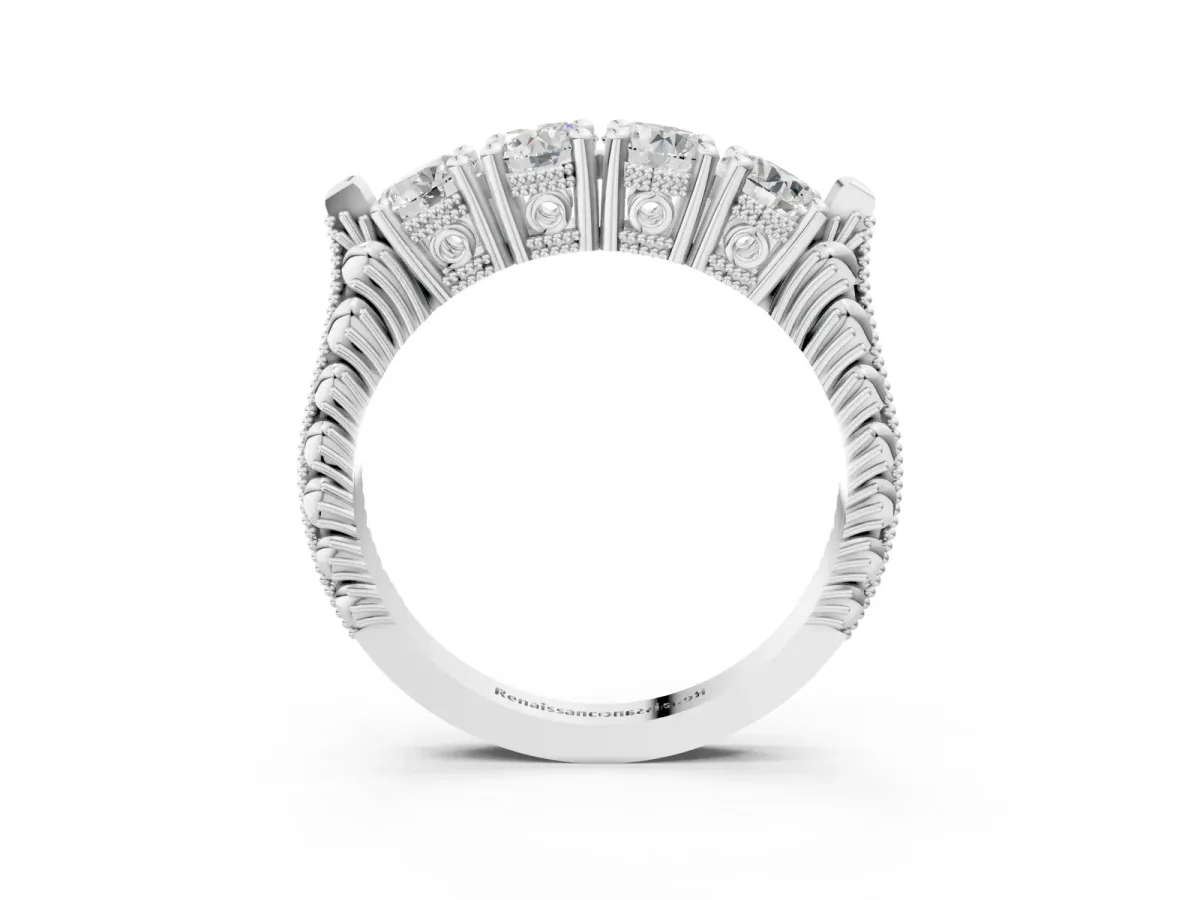 Five-Stone Round Diamond Shared Prong Milgrain Band Silver