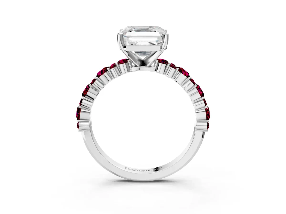 Asscher Cut Diamond Side Stone Solitaire Ring with Round Garnet and Four-Prong Setting Silver