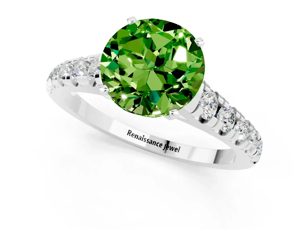 Round Cut Peridot Cathedral Solitaire Ring with Round Pavé Band Silver