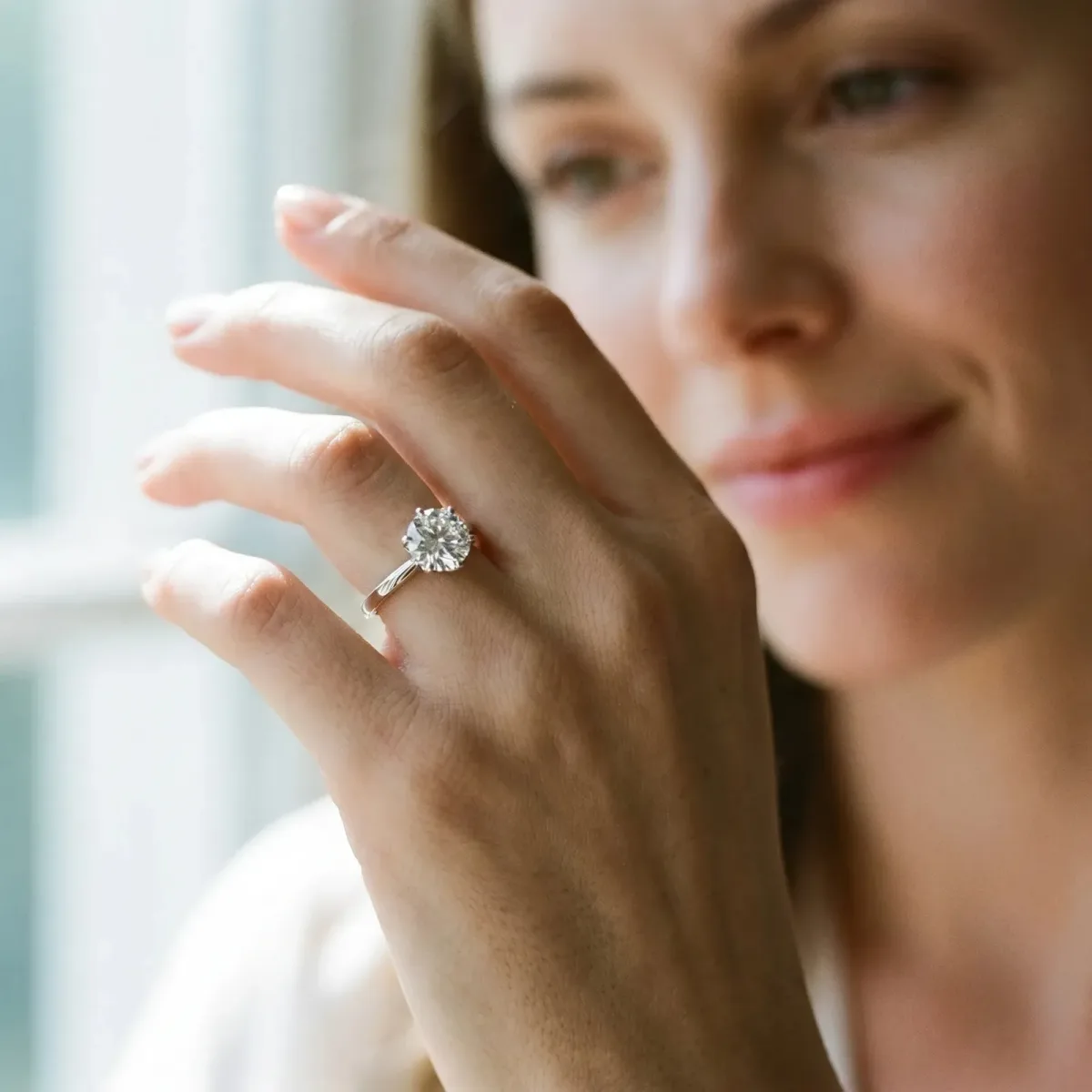 Round Cut Diamond Solitaire Ring with Flower Prong Setting and Classic Band Silver