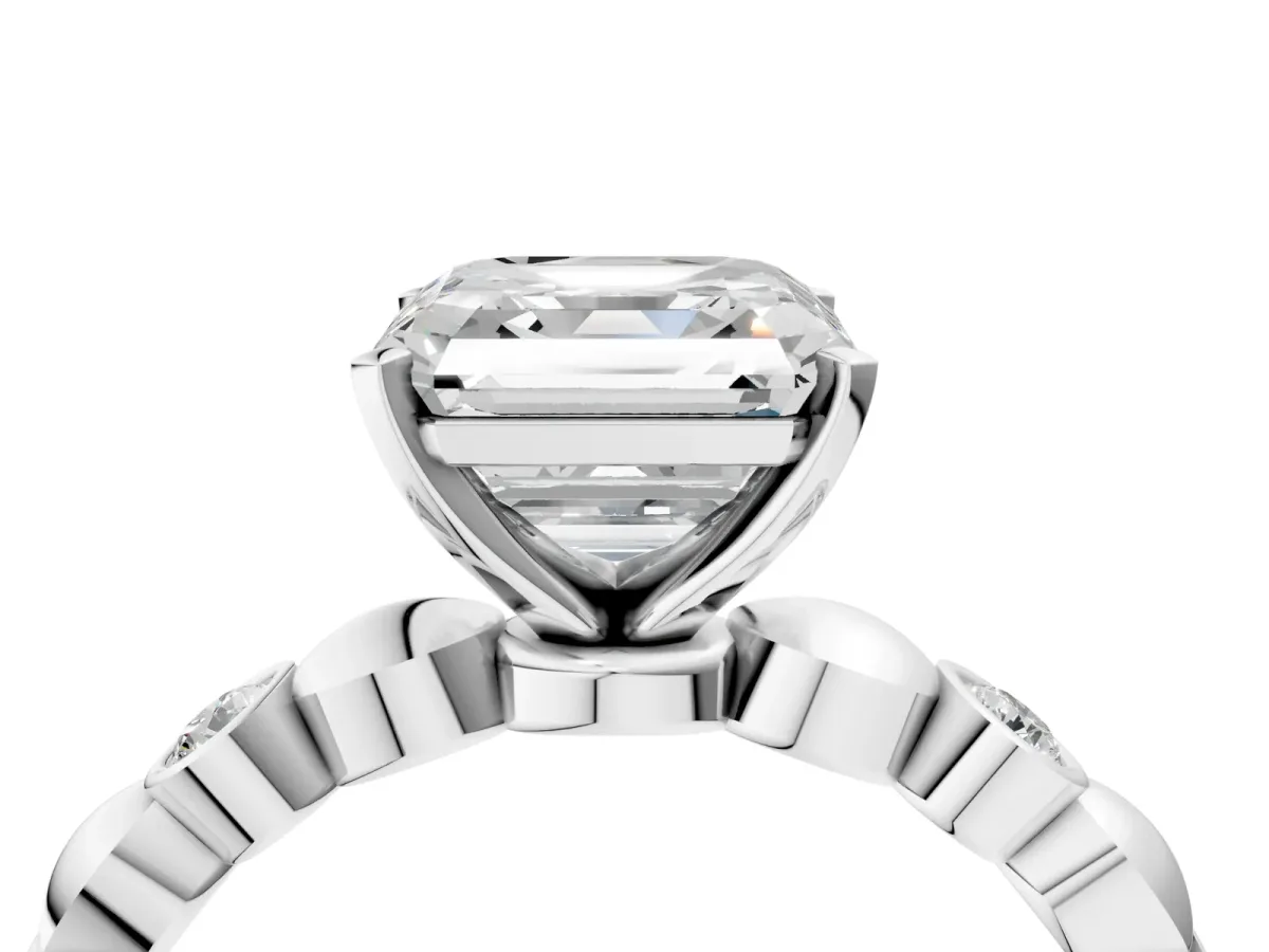 Asscher Cut Solitaire Bezel-Set Diamond Ring with Beaded Band and Four-Prong Setting Platinum