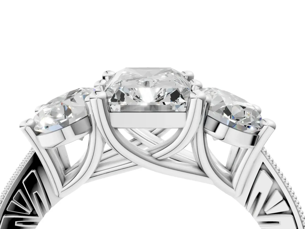 Three-Stone Radiant Cut Diamond Milgrain Pave Band with Prong Setting Platinum