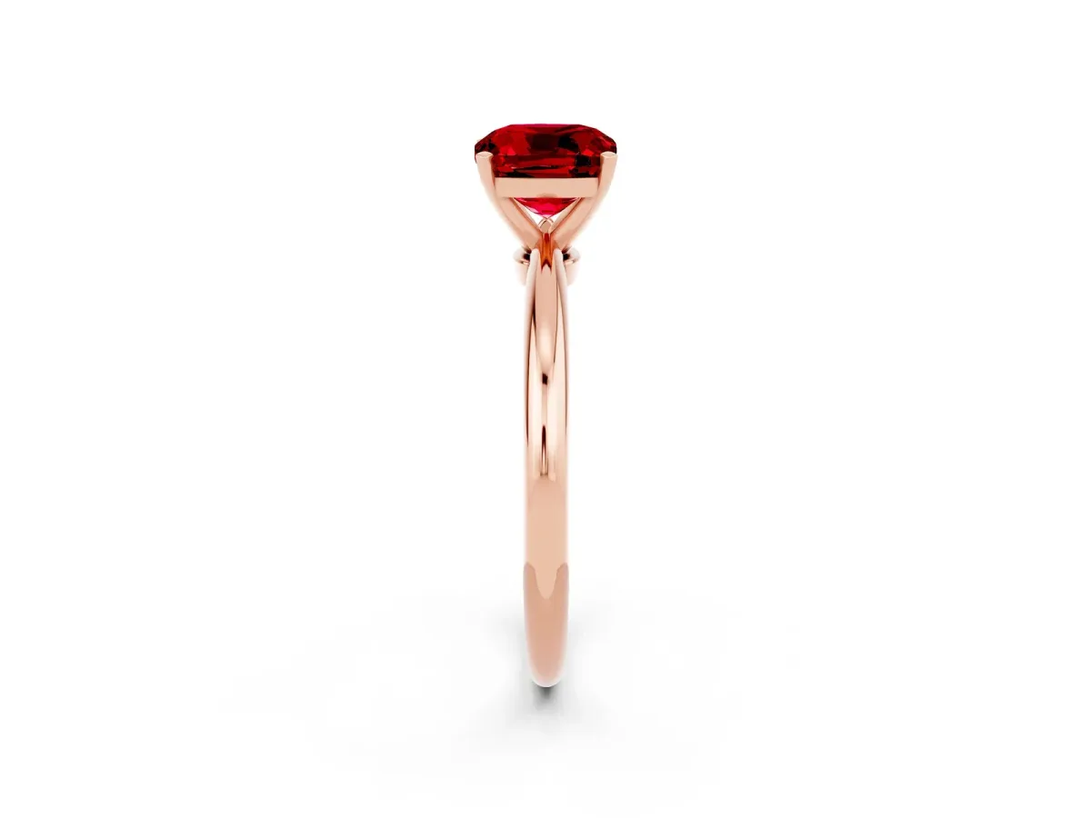Cushion Cut Ruby Solitaire Ring with Six-Prong Setting and Classic Band Rose gold