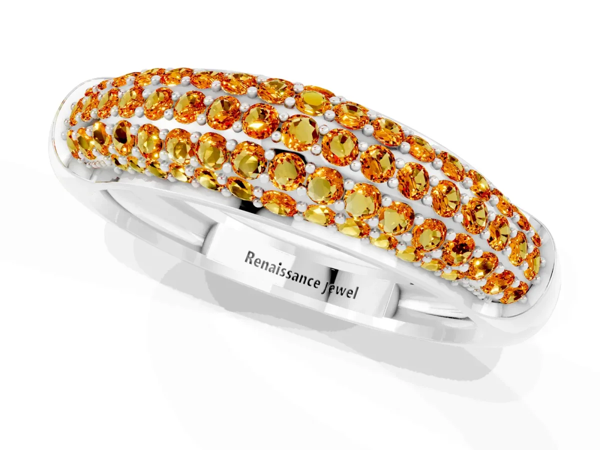 Three-Row Pavé Round Citrine Dome Band Silver