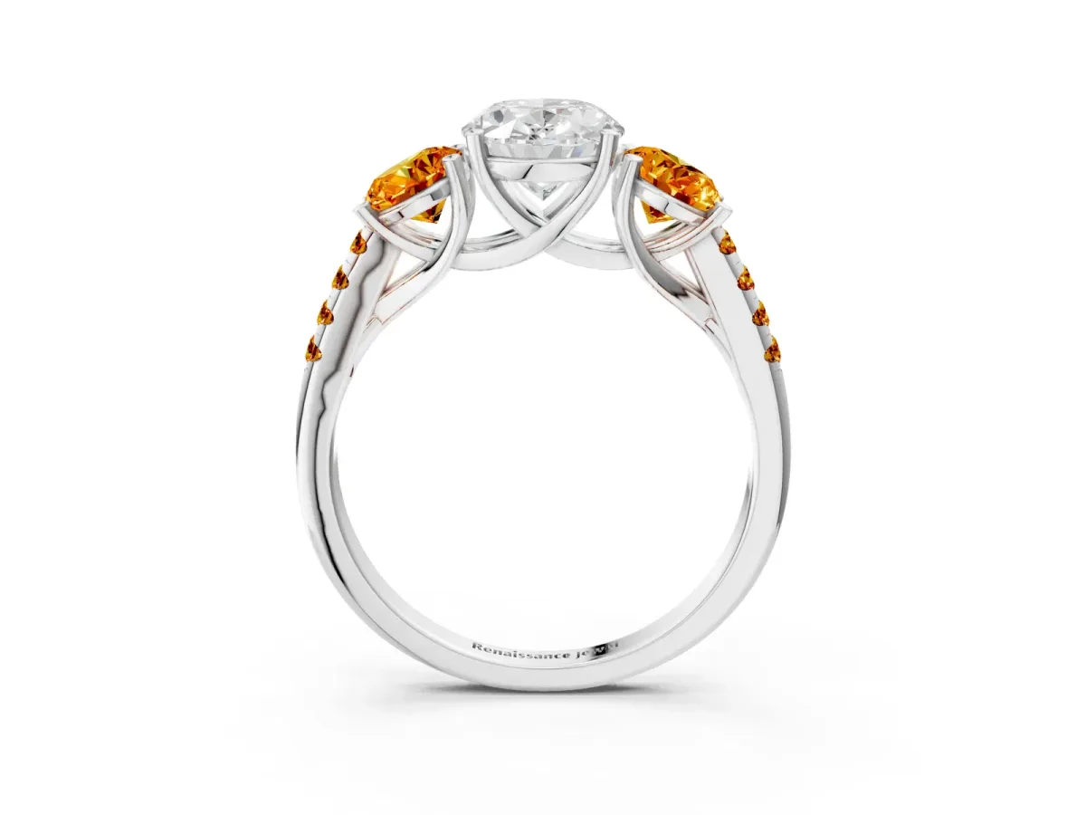 Three-Stone Oval Cut Diamond Ring with Round Citrine Pavé Band and Prong Setting Platinum