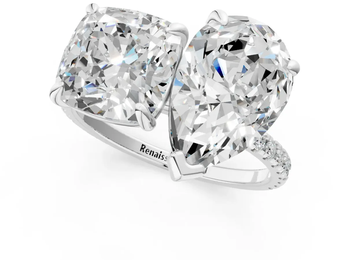 Pear and Cushion Toi Moi Ring with Prong Setting and Micro Pave Band Silver