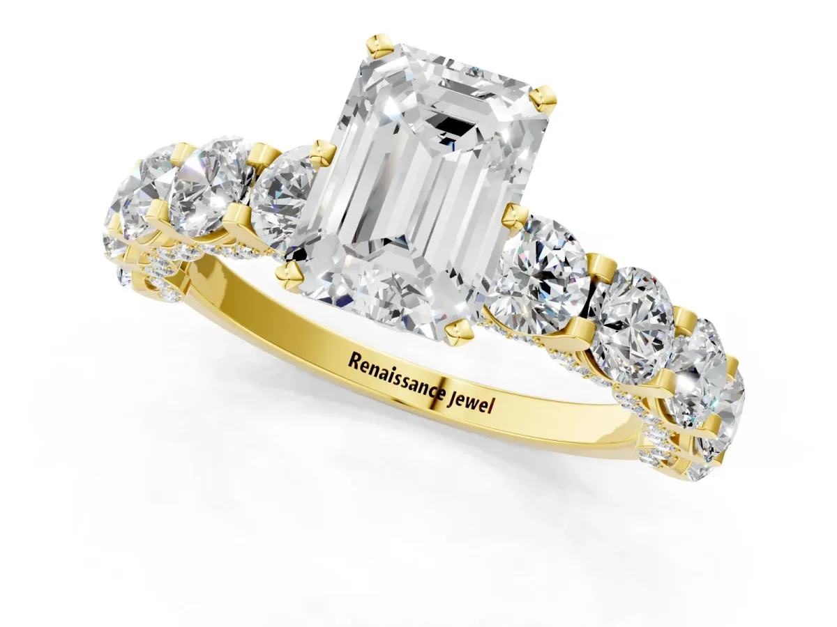 Emerald Cut Diamond Side Stone Engagement Ring with Four-Prong Setting Yellow gold