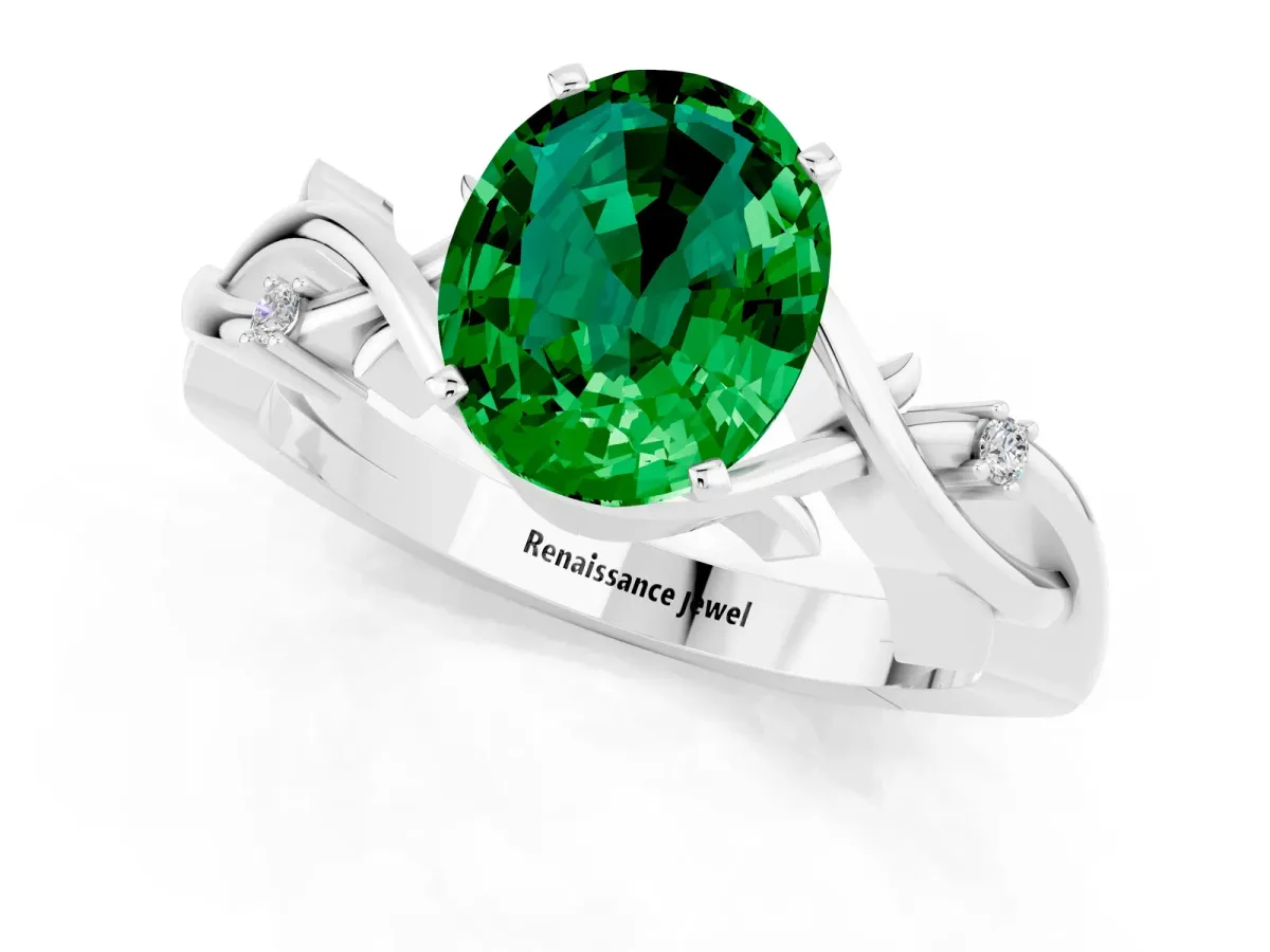 Oval Cut Emerald Solitaire Ring with Twisted Band and Prong Setting Platinum
