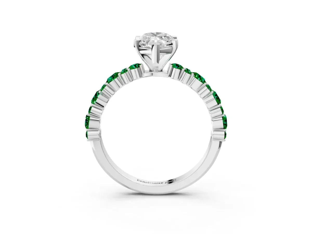 Marquise Cut Diamond Side Stone Solitaire Ring with Round Emerald and Four-Prong Setting Platinum