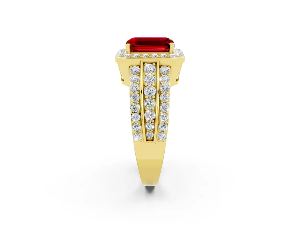 Emerald Cut Halo Ruby Ring with Round Split Shank and Prong Setting Yellow gold