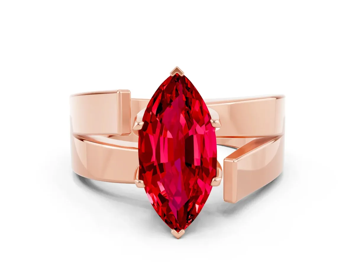 Modern Tension Set Marquise Cut Ruby Solitaire Wide Band Ring Rose gold