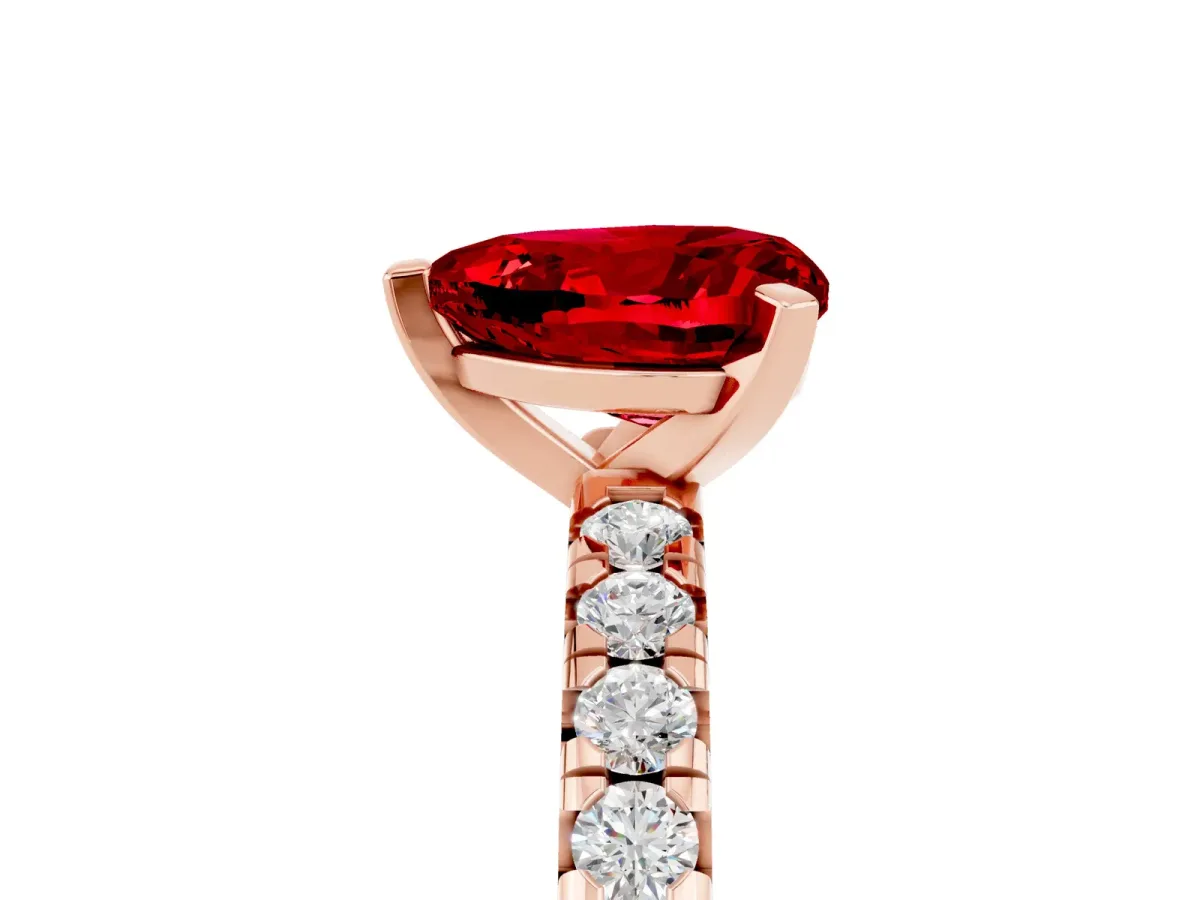 Heart Cut Ruby Solitaire Pavé Engagement Ring with Round Band and Prong Setting Rose gold