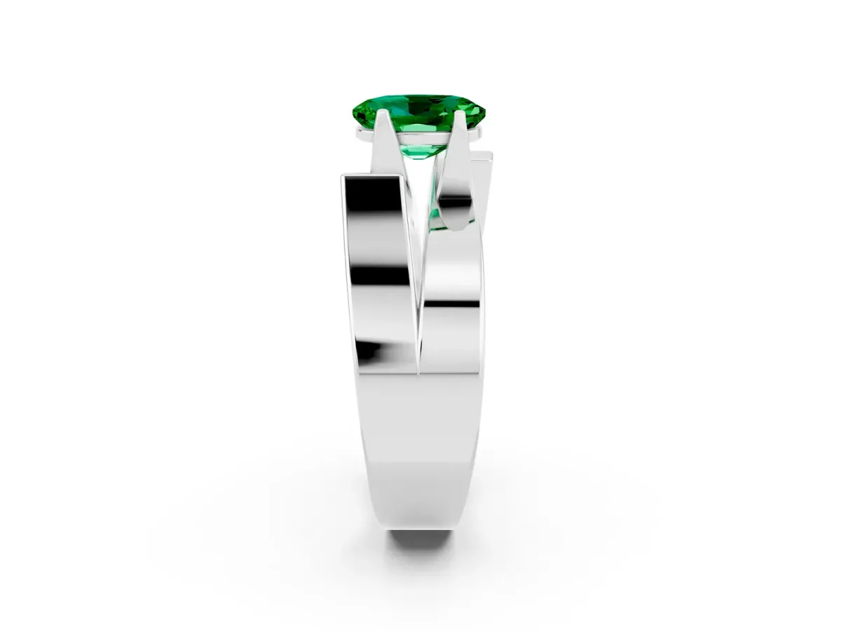 Modern Tension Set Oval Cut Emerald Solitaire Wide Band Ring Platinum