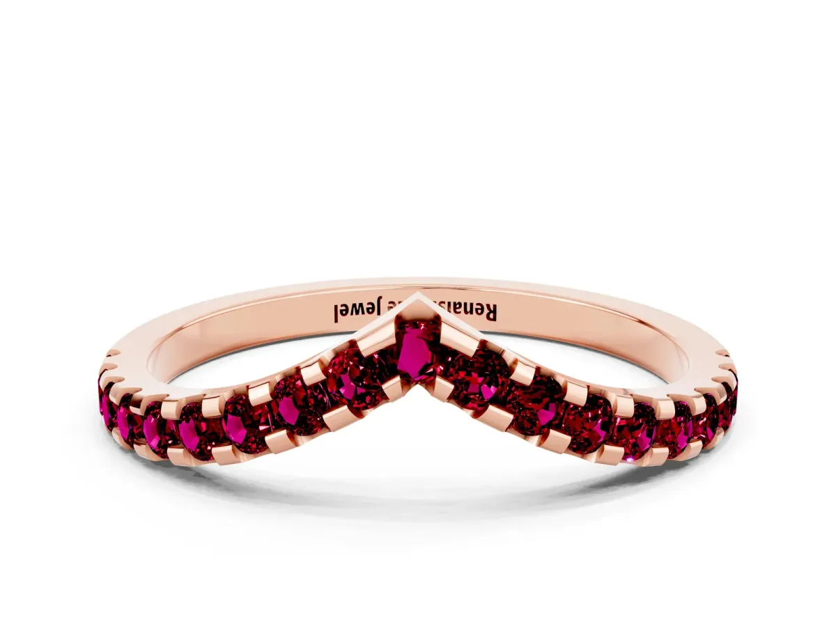 Pavé Round Garnet Chevron Band with Shared Prong Setting Rose gold