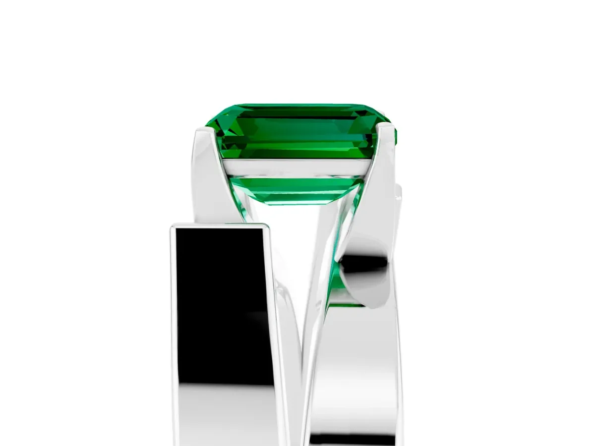 Modern Tension Set Emerald Cut Emerald Solitaire Wide Band Ring Silver