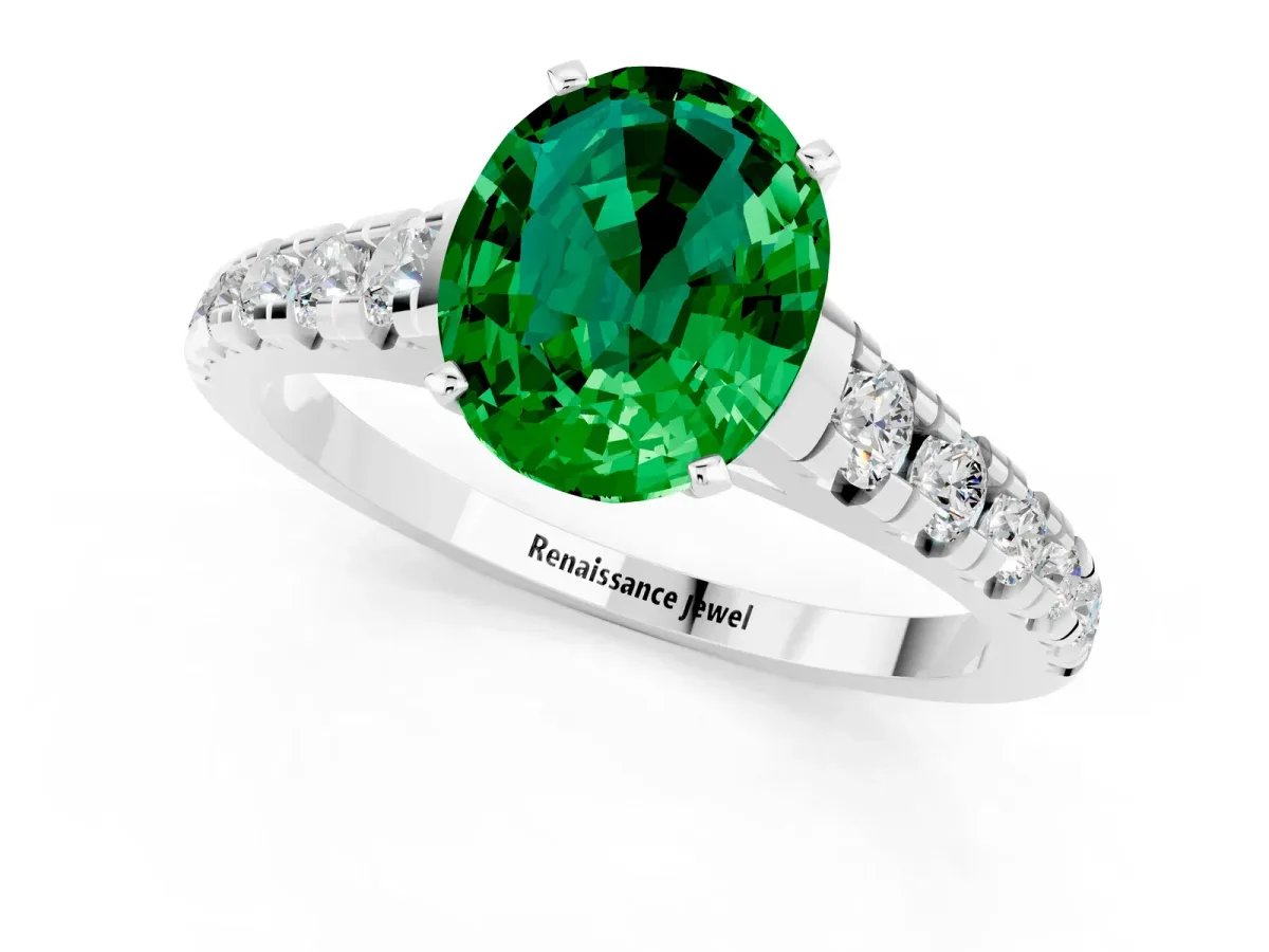Oval Cut Emerald Cathedral Solitaire Ring with Round Pavé Band Platinum