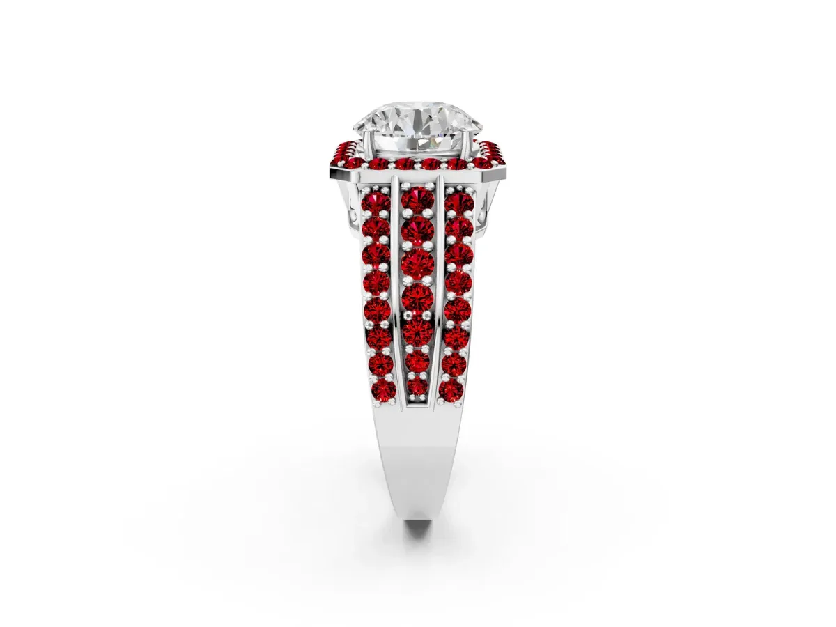 Round Cut Halo Diamond Ring with Round Ruby Split Shank and Prong Setting Silver
