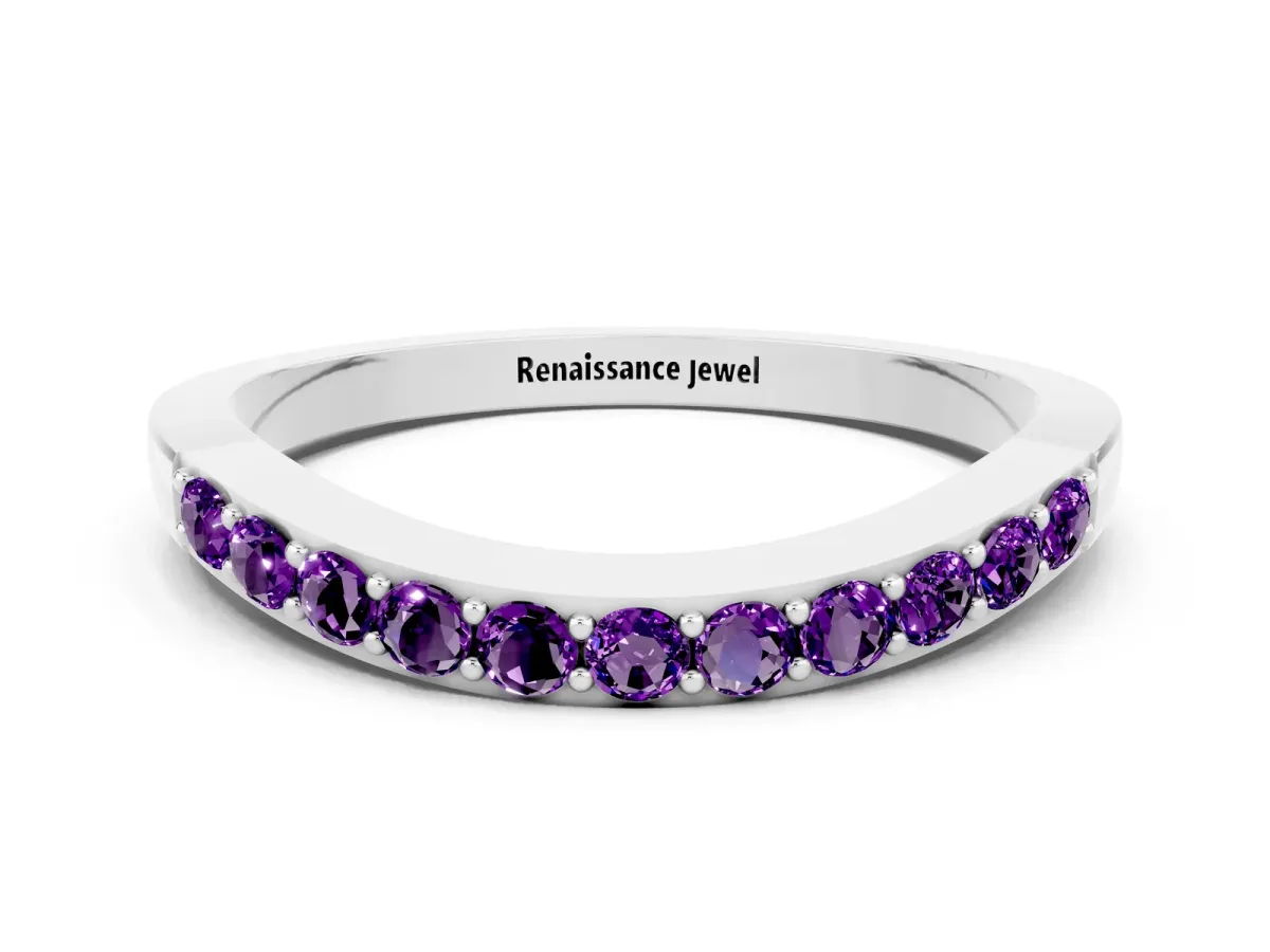 Round Amethyst Curved Wedding Band with Channel Setting Silver