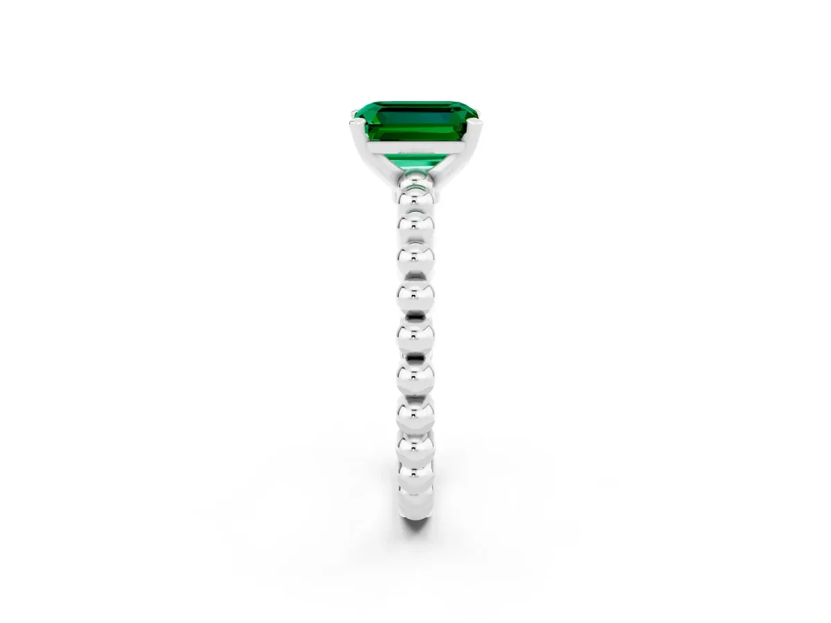 Emerald Cut Emerald Solitaire Ring with Beaded Band and Prong Setting Platinum
