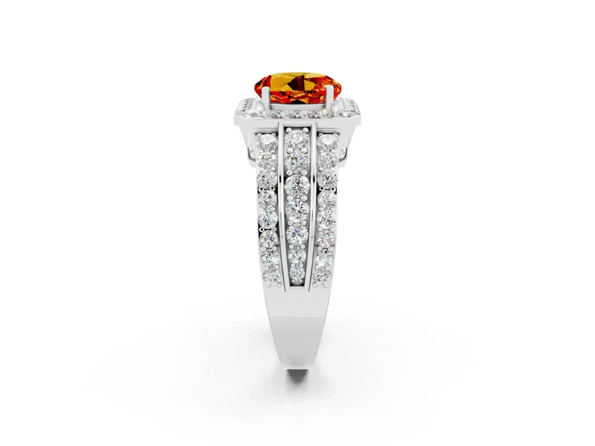 Round Cut Halo Citrine Ring with Round Split Shank and Prong Setting Platinum