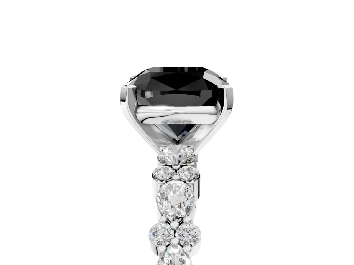 Fancy Black Cushion Cut Diamond Side Stone Solitaire Ring with Round and Four-Prong Setting Platinum