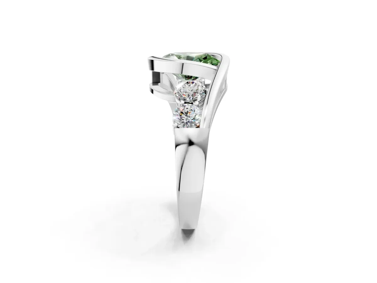 Fancy Green Bezel Set Oval Cut Diamond Bypass Ring with Round Accents Silver