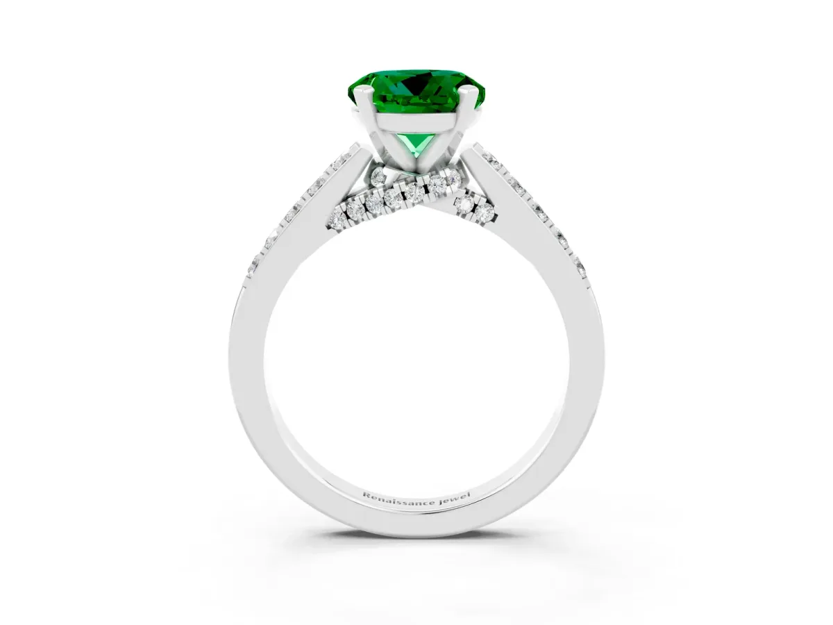 Round Cut Emerald Solitaire Ring with Crossover Gallery and Round Pavé Band Silver