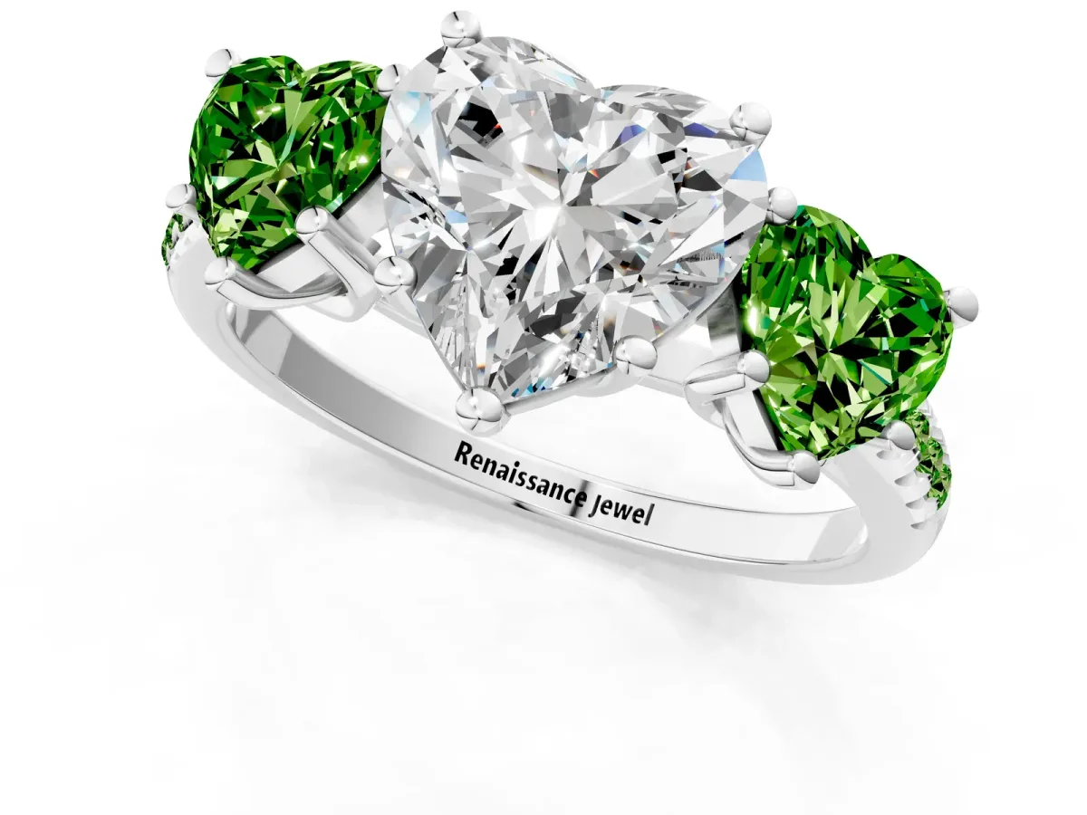 Three-Stone Heart Cut Diamond Ring with Round Peridot Pavé Band and Prong Setting Silver