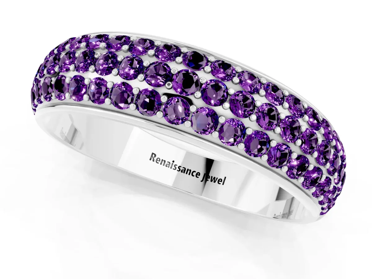 Three-Row Round Amethyst Eternity Band with Shared Prong Setting White gold