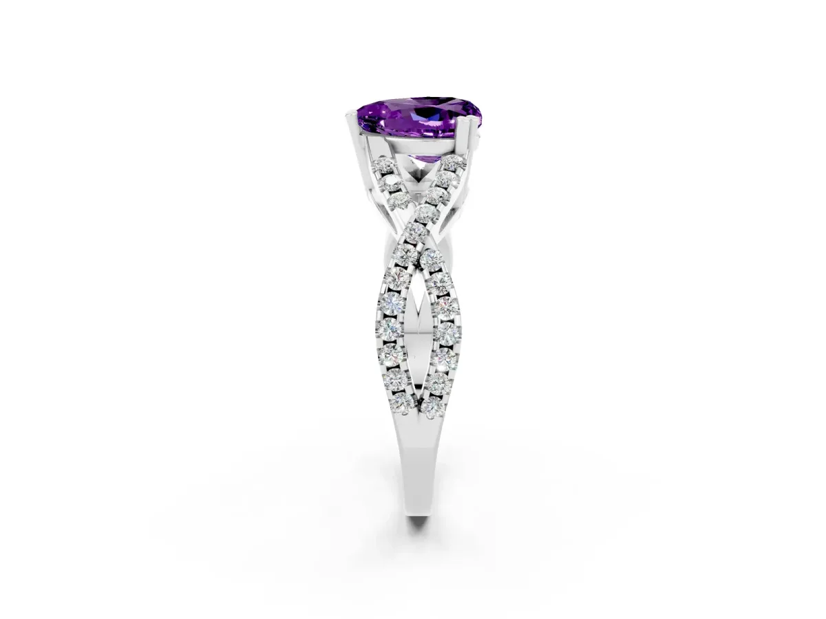Heart Cut Amethyst Solitaire Ring with Four-Prong Setting and Twisted Pavé Band Silver