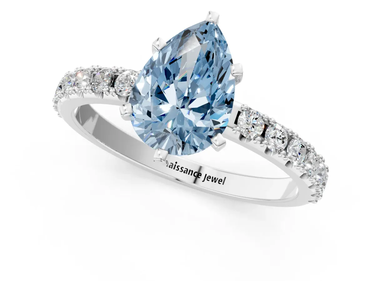 Fancy Blue Pear Cut Diamond Solitaire Pavé Band with Four-Prong Setting Silver