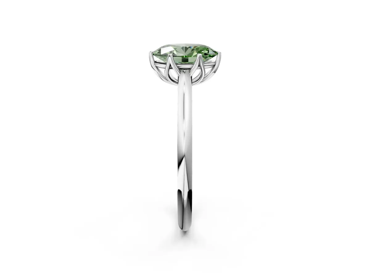 Fancy Green Oval Cut Solitaire Cathedral Diamond Ring with Six-Prong Setting Silver