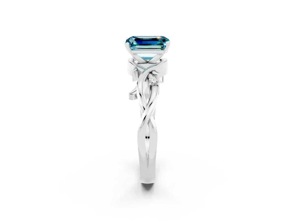 Emerald Cut Blue Topaz Solitaire Ring with Twisted Band and Prong Setting Silver