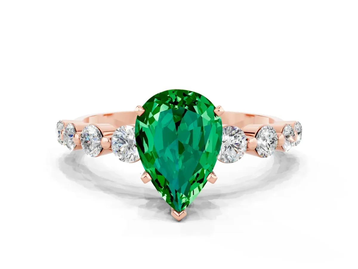 Pear Cut Solitaire Emerald Ring with Pave Band and Four-Prong Setting Rose gold