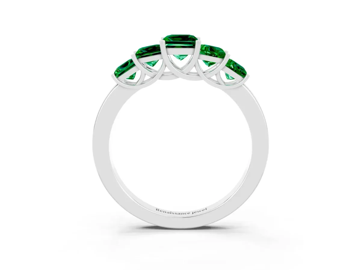 Princess Cut Five-Stone Emerald Ring with Classic Prong Setting White gold