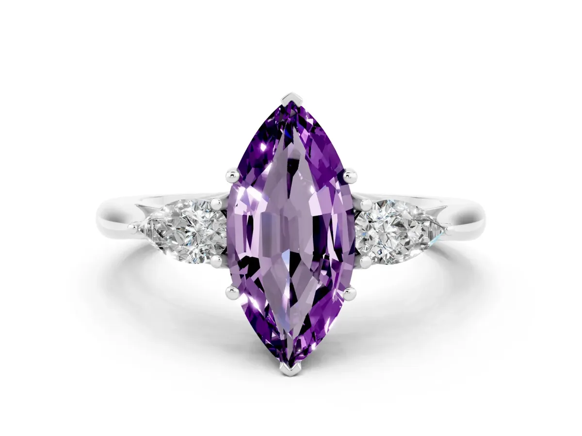 Marquise Cut Amethyst Three-Stone Ring with Pear Side Stones and Prong Setting White gold