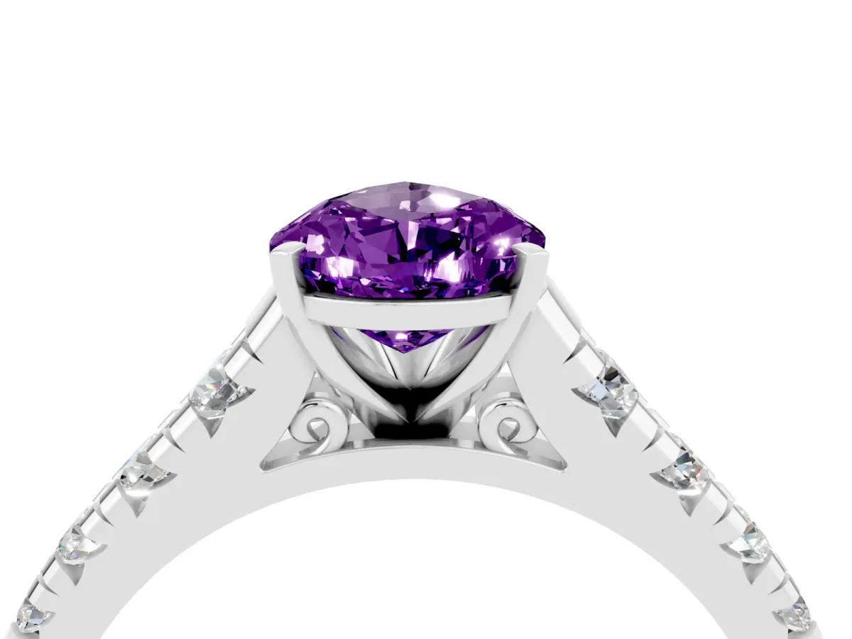 Pear Cut Amethyst Cathedral Solitaire Ring with Round Pavé Band White gold