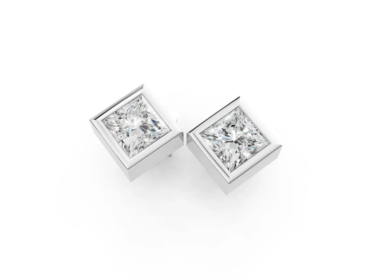 Princess Cut Bezel Set Diamond Stud Earrings Silver