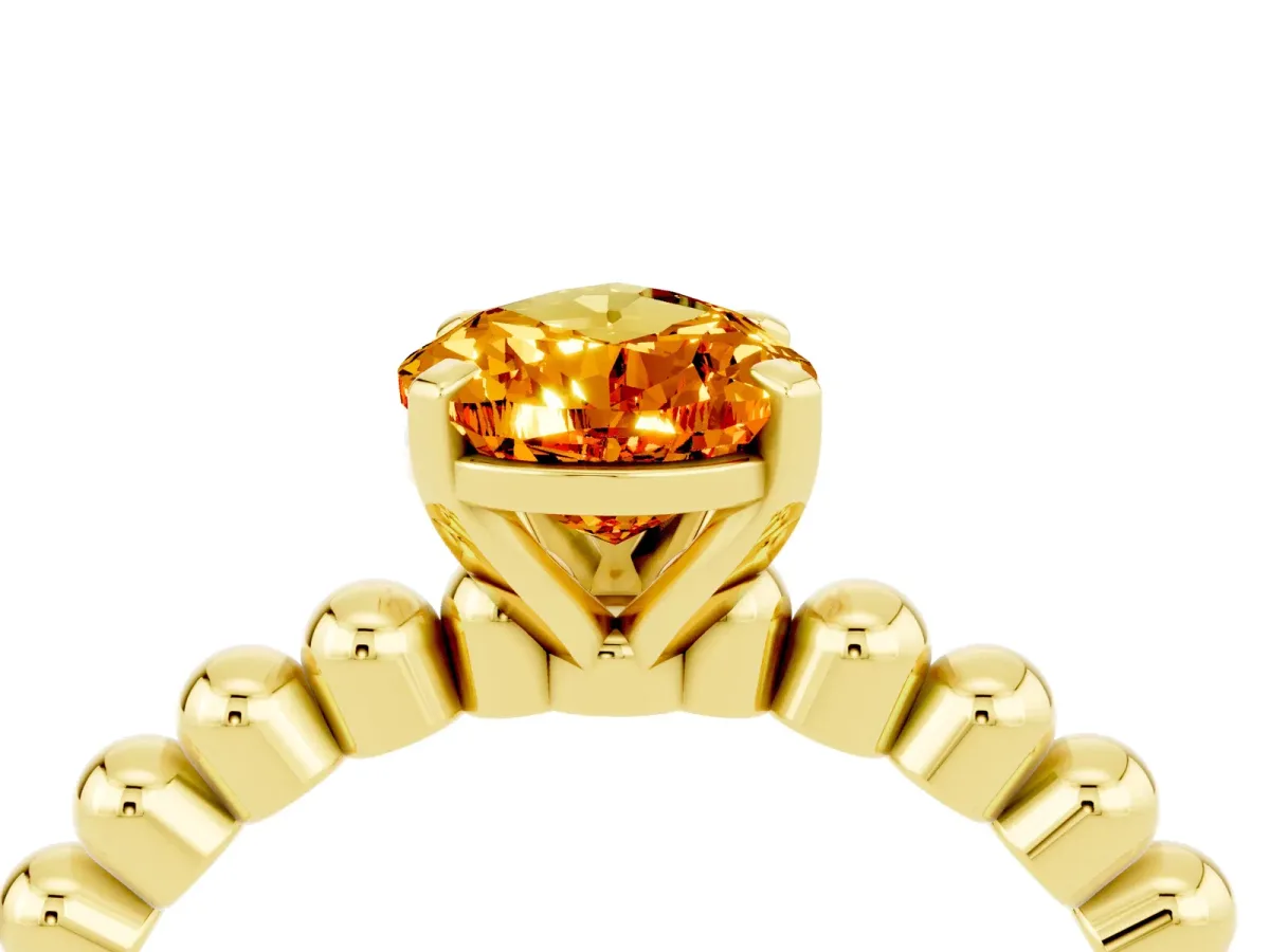 Pear Cut Citrine Solitaire Ring with Beaded Band and Prong Setting Yellow gold