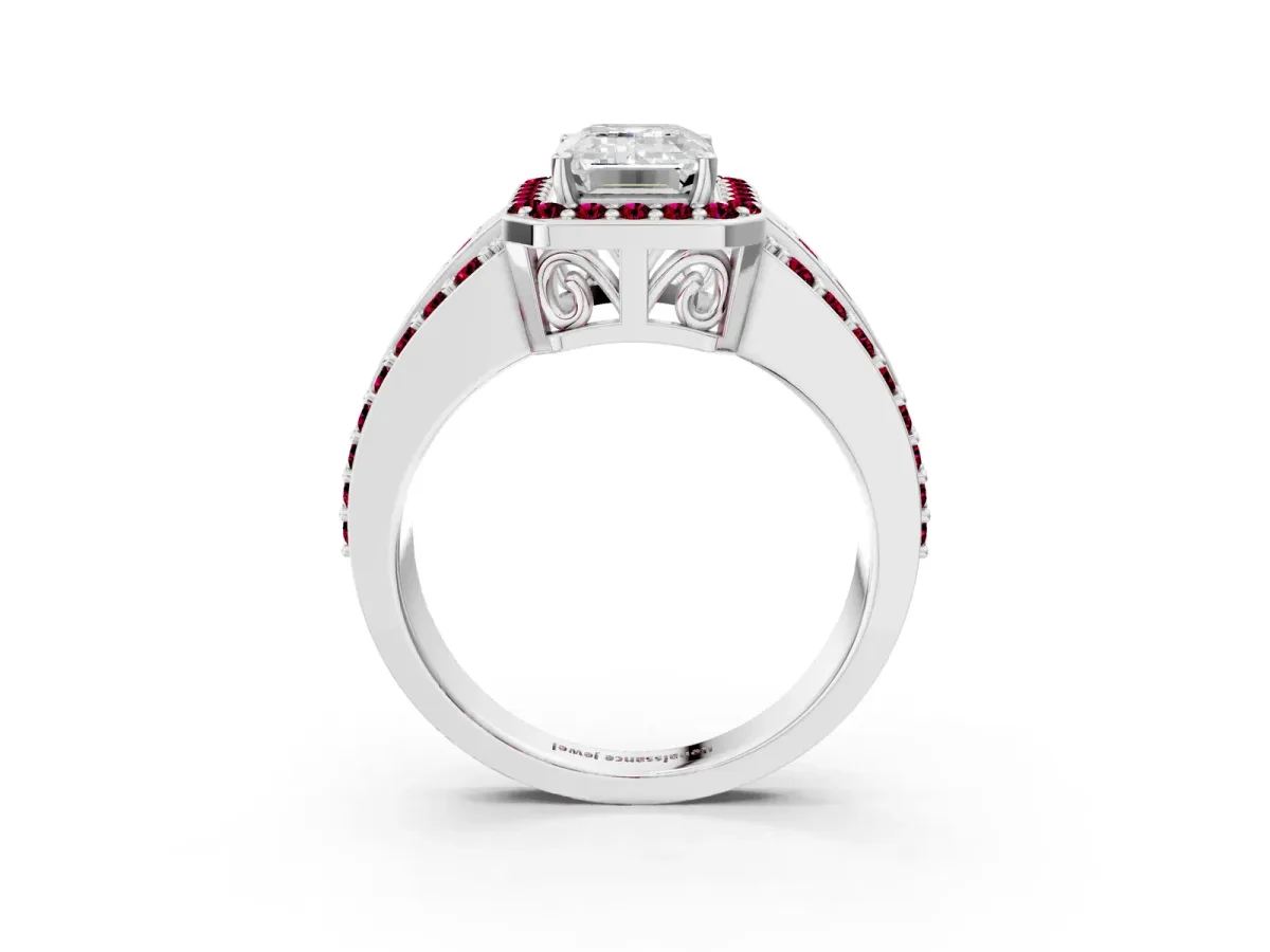 Emerald Cut Halo Diamond Ring with Round Garnet Split Shank and Prong Setting Silver