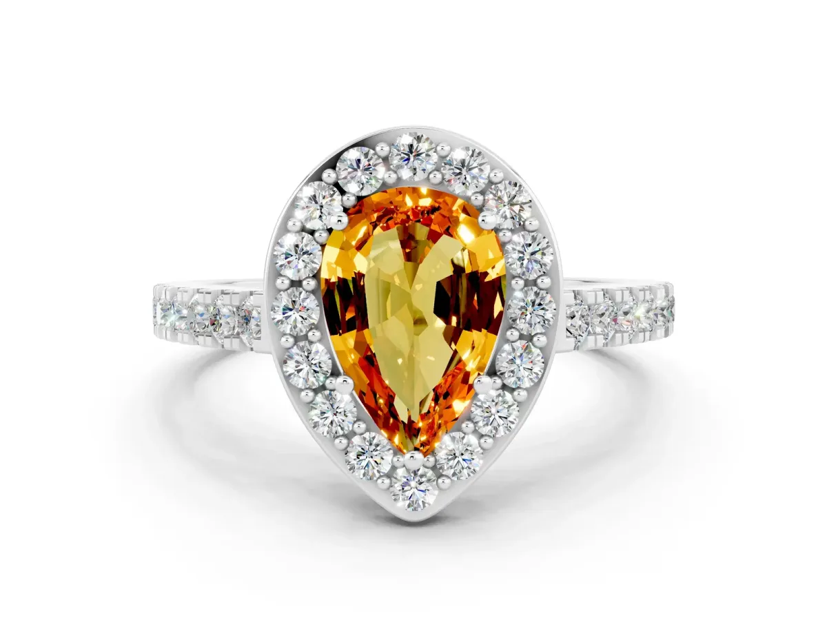 Pear Cut Citrine Halo Ring with Round Pavé Split Shank and Prong Setting Platinum