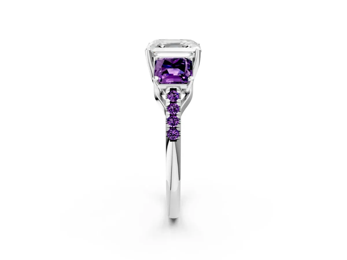 Three-Stone Asscher Cut Diamond Ring with Round Amethyst Pavé Band and Prong Setting Silver