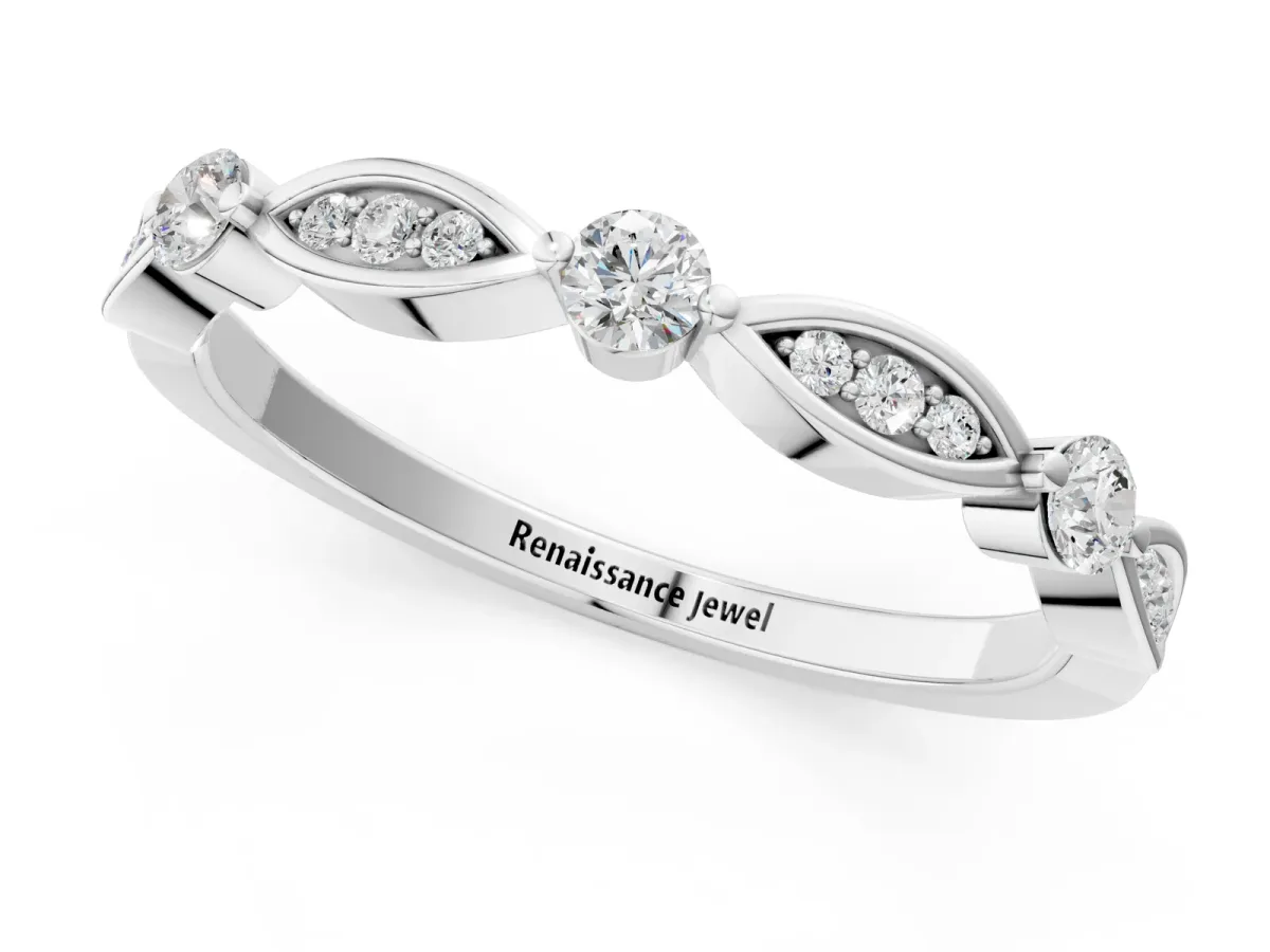 Marquise and Round Diamond Milgrain Band with Bezel Setting White gold