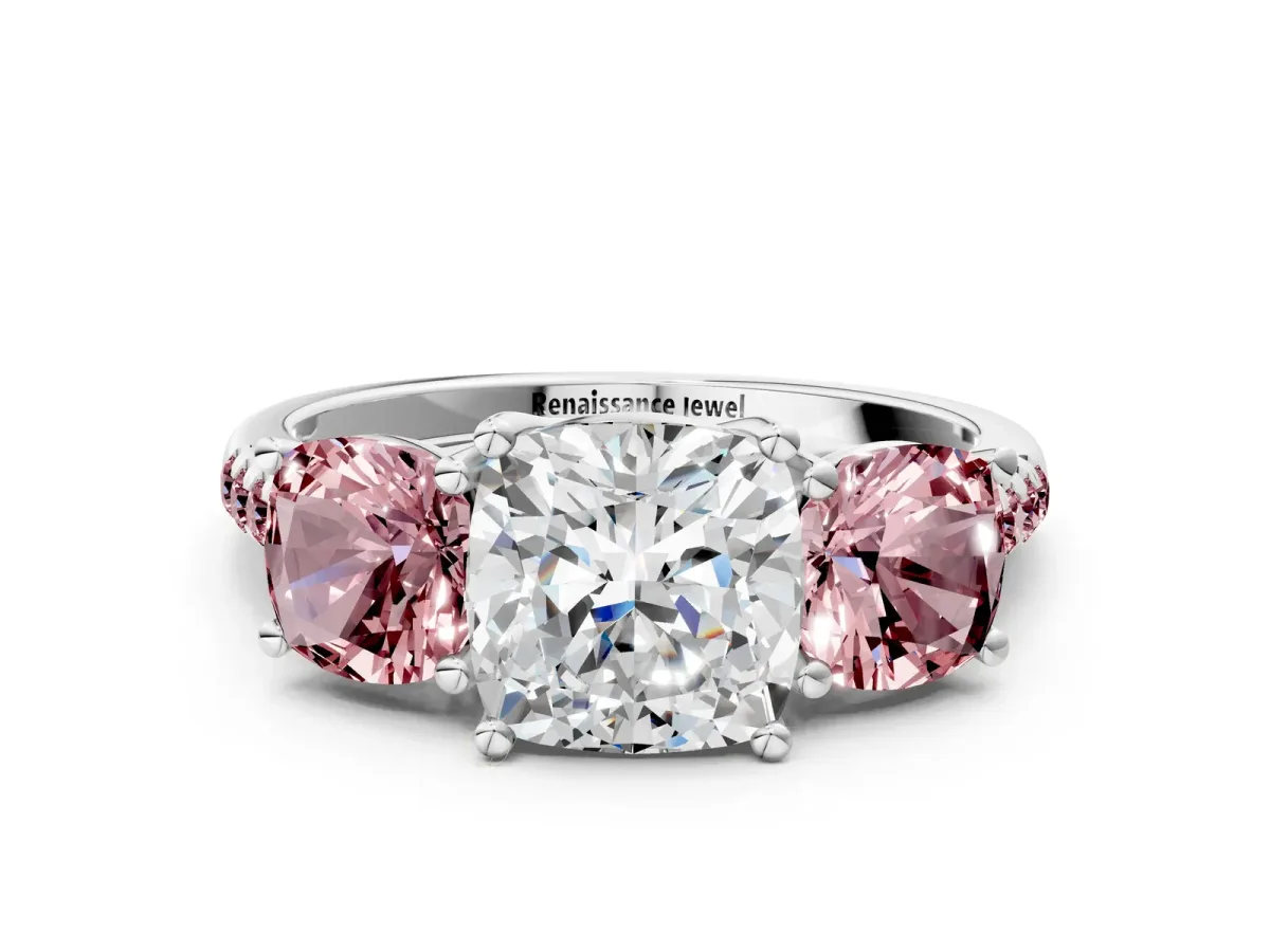 Three-Stone Cushion Cut Diamond Ring with Round Morganite Pavé Band and Prong Setting Silver