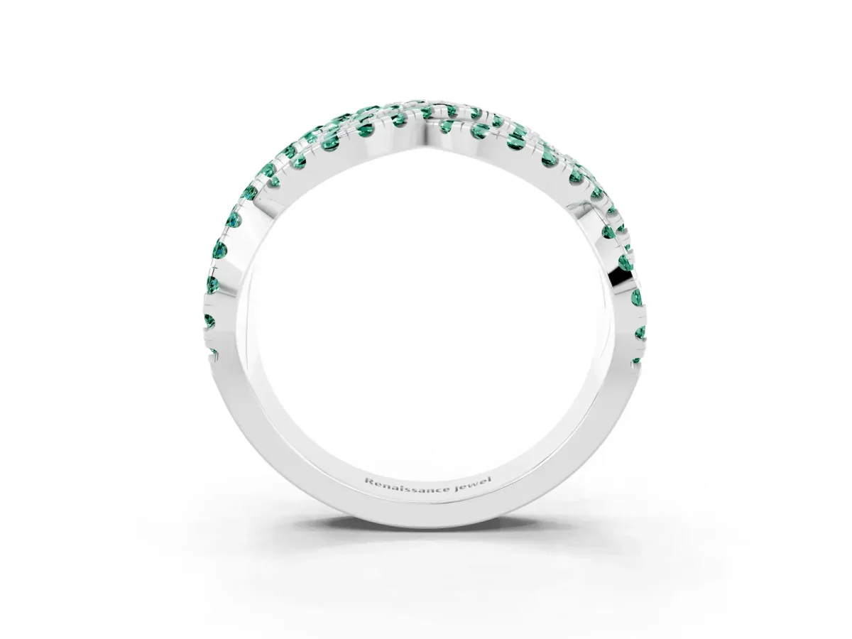 Pavé Round Green Sapphire Infinity Twist Band with Shared Prong Setting White gold