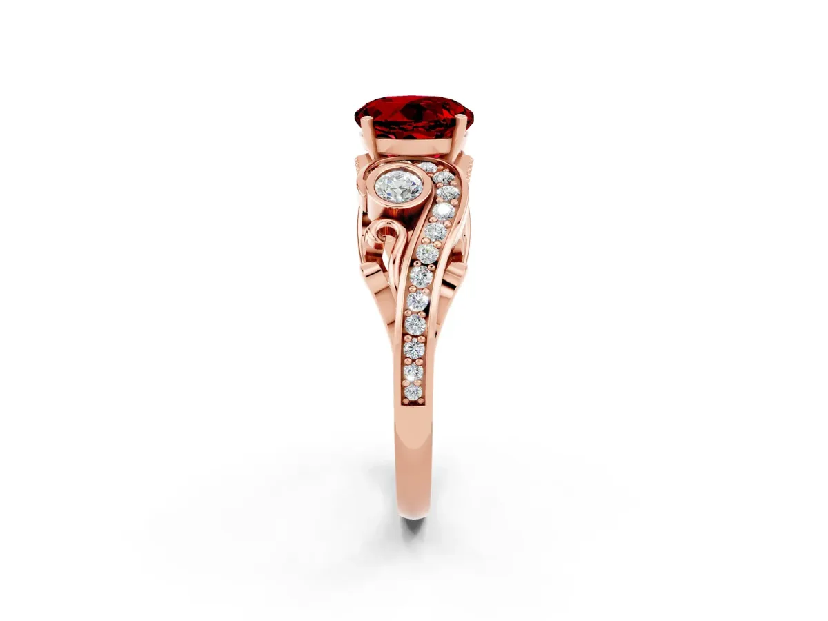 Round Cut Ruby Solitaire Ring with Milgrain Pavé Band and Four-Prong Setting Rose gold