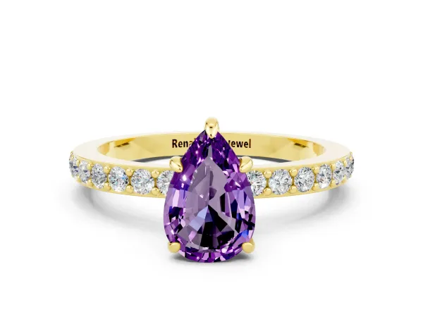 Pear Cut Amethyst Solitaire Engagement Ring with Pavé Band and Four-Prong Setting Yellow gold