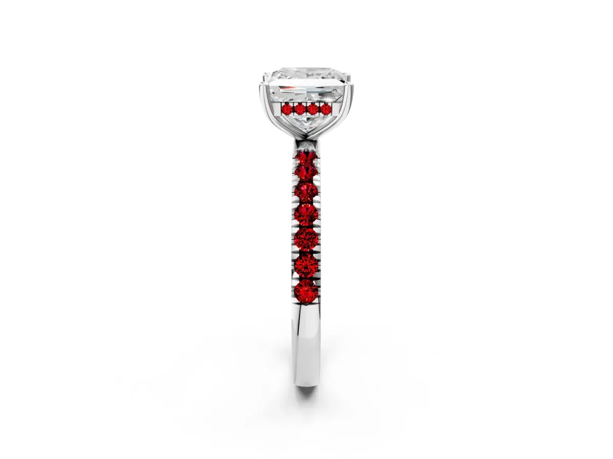 Princess Cut Diamond Pave Band Solitaire Ring with Round Ruby and Prong Setting Platinum